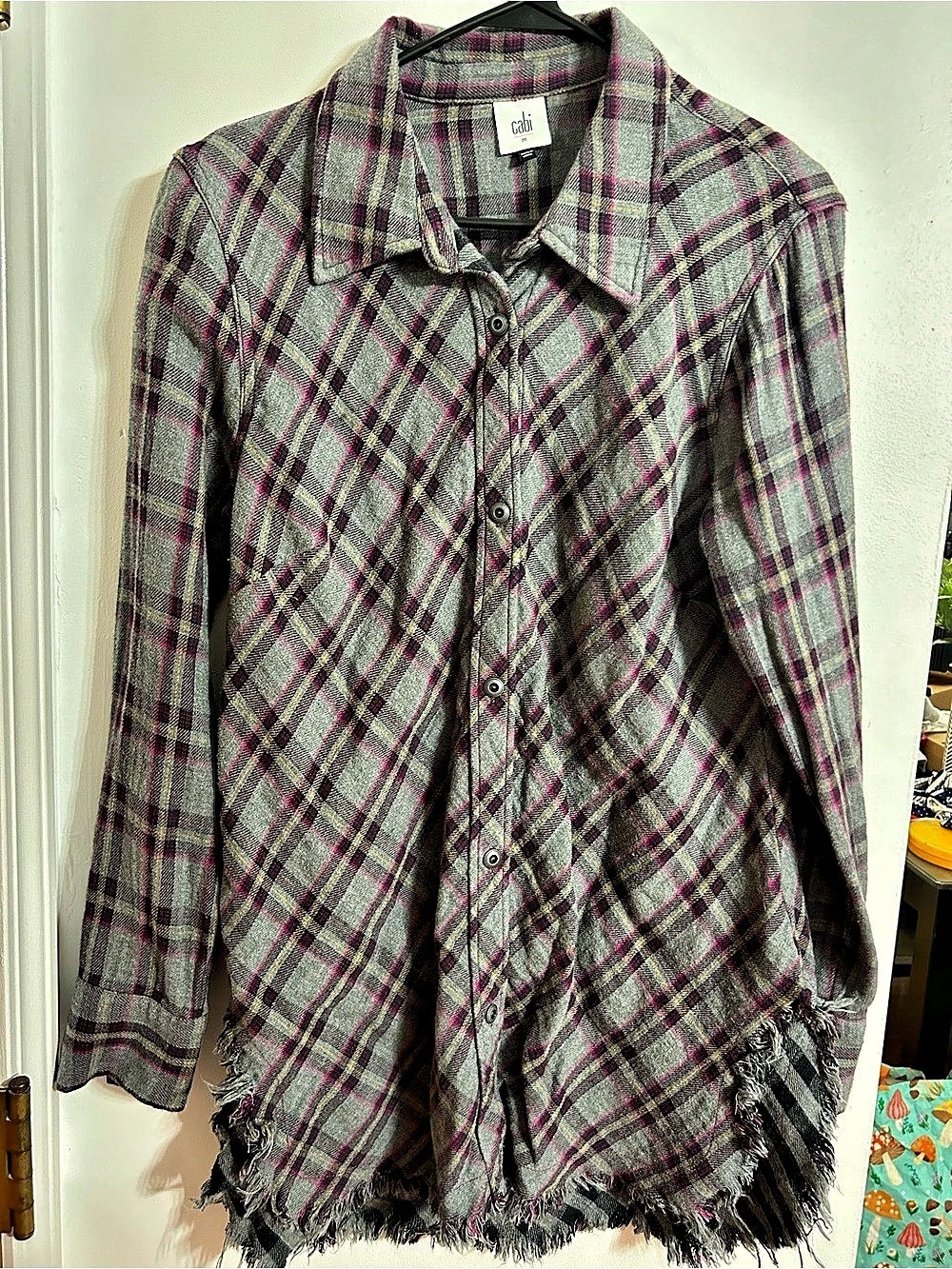 CAbi Highland Flannel Plaid Fringed Button Down Medium